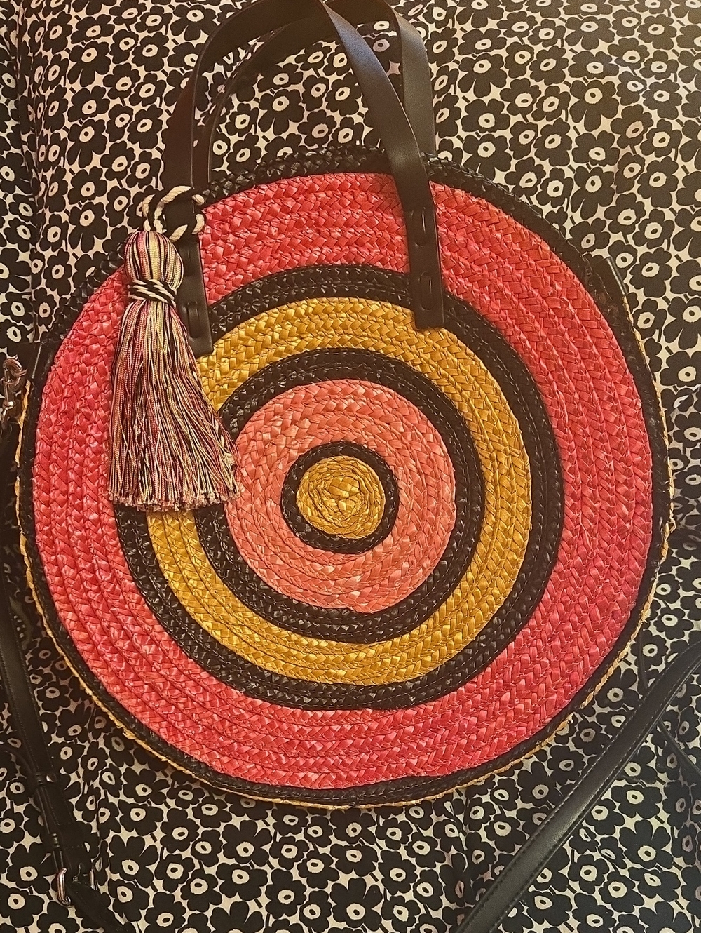 Rebecca Minkoff Round Straw Tote in Coral, Yellow and Black